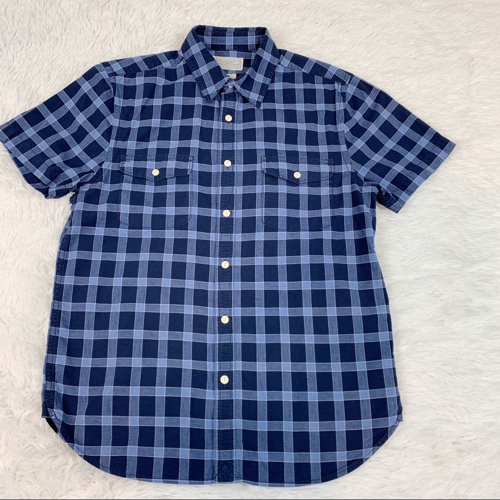Lucky Brand men short sleeve plaid casual button up shirt flap‎ pockets